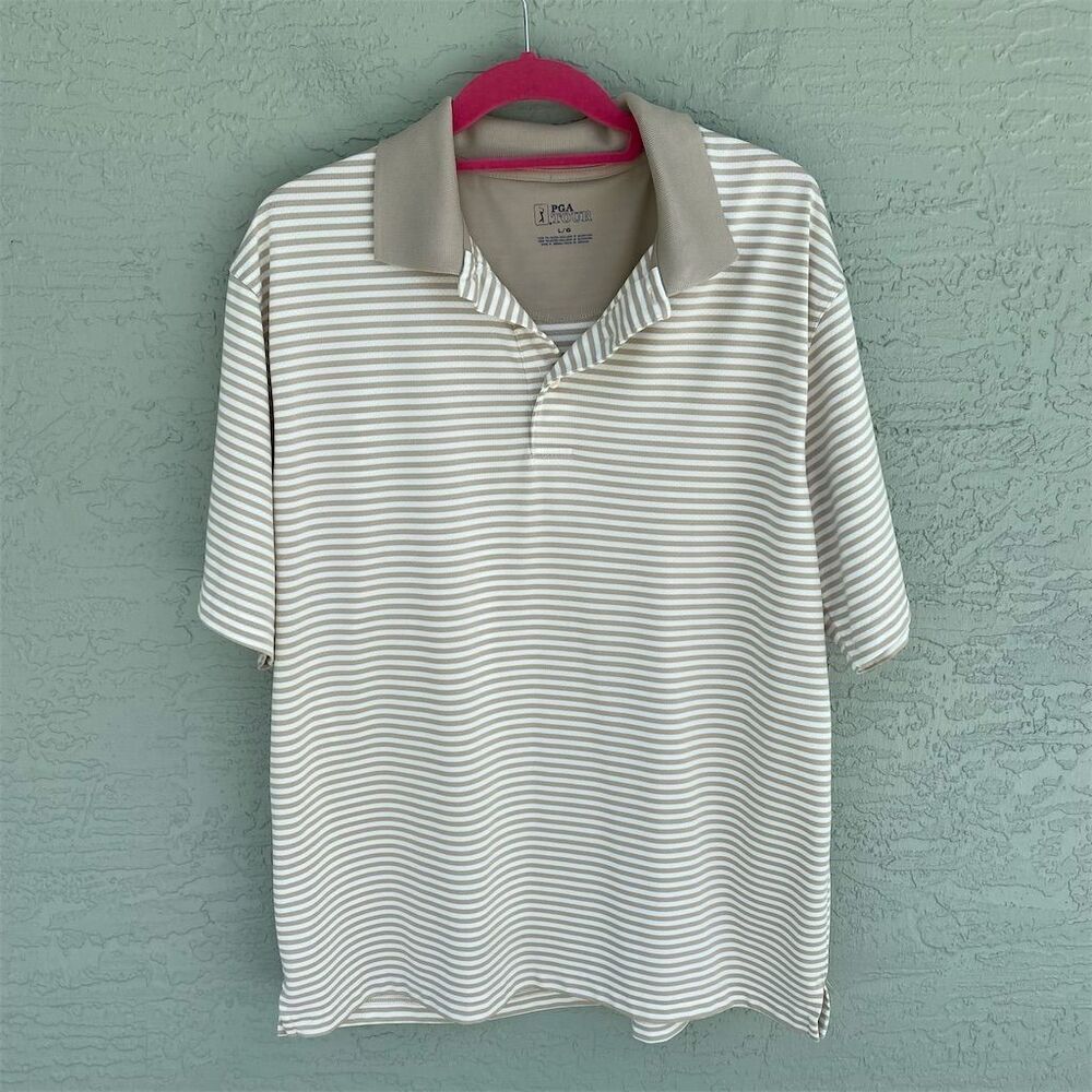 PGA Tour Men's Striped Polo Shirt Beige/White Size L Short Sleeve